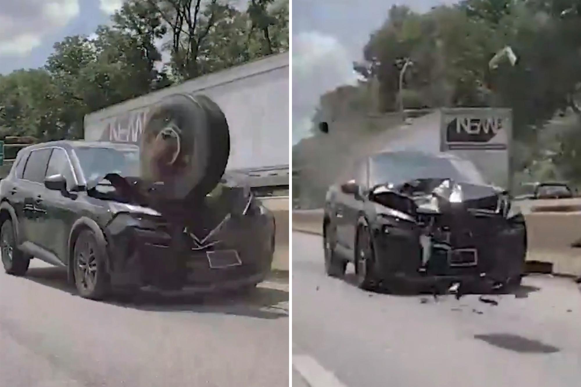 Loose tire flies across Philadelphia highway, pulverizes front end of SUV: wild dashcam Comp 24 1