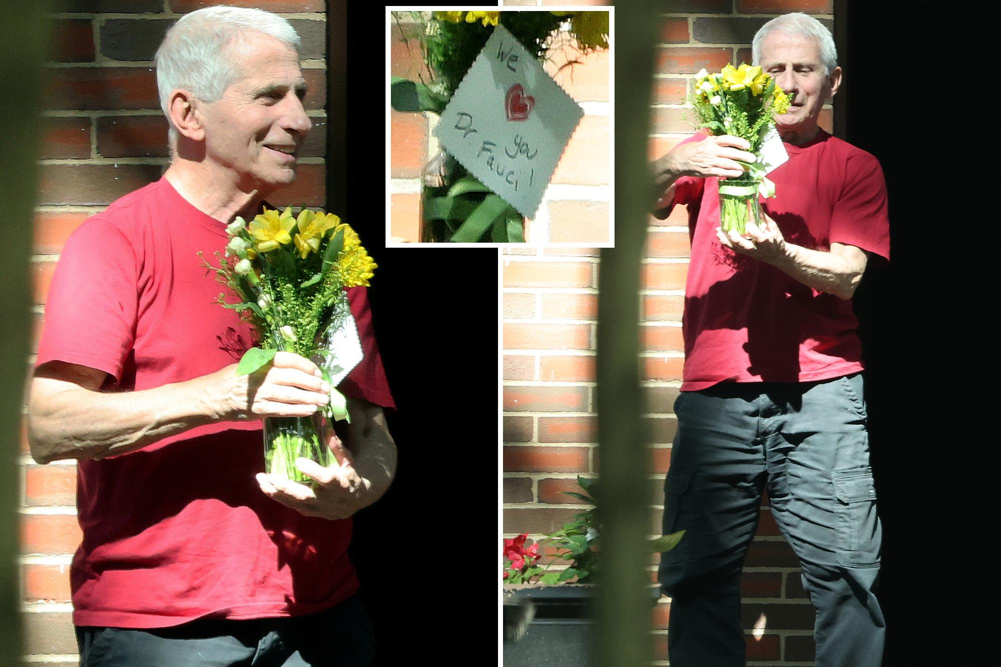 Limelight-loving Fauci all smiles as he’s surprised by flowers left by adoring fan — after getting savaged by Senate Republicans lowers comp