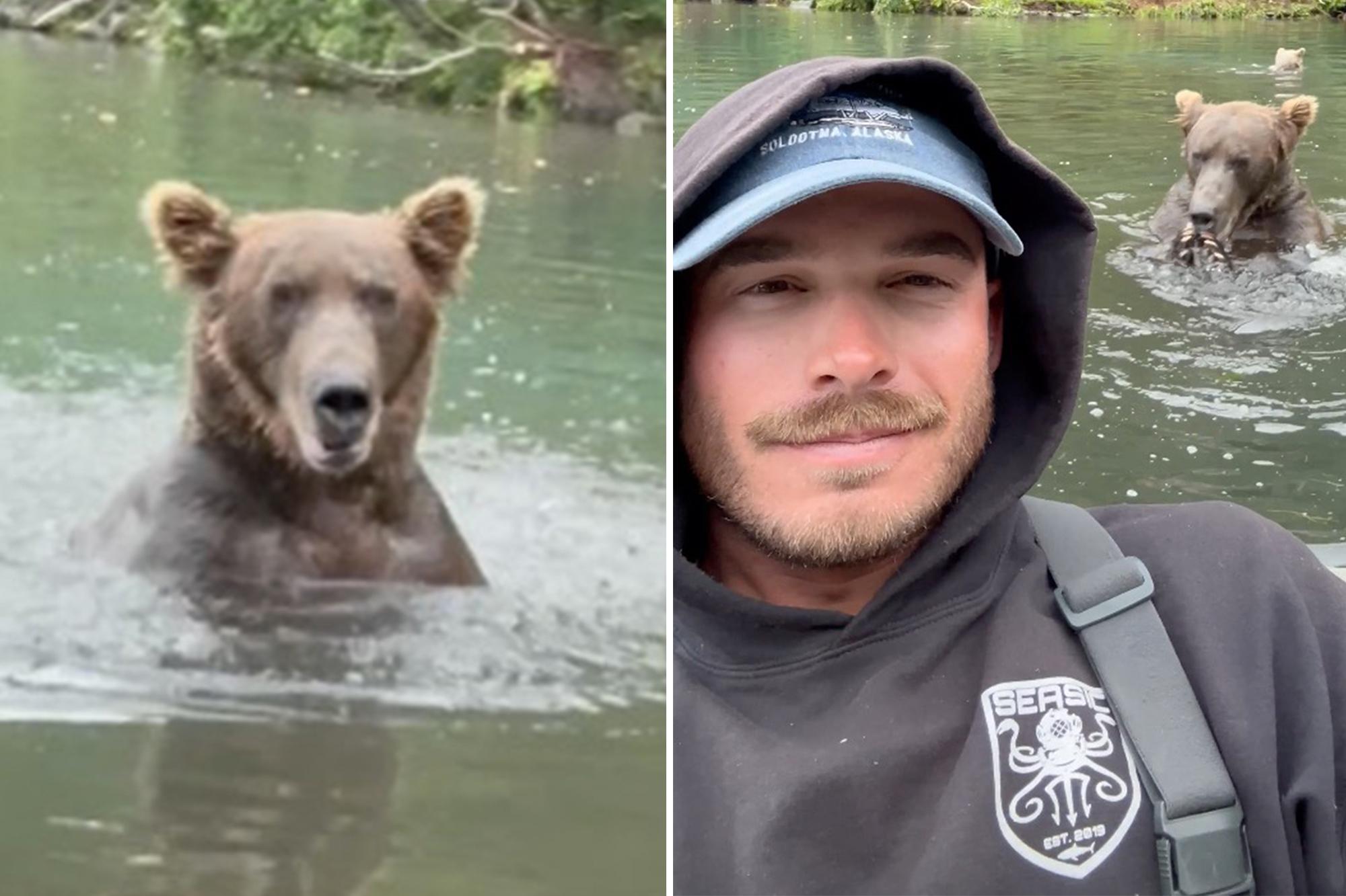 Fisherman takes selfie in front of ravenous grizzly in beary dangerous stunt 136294276