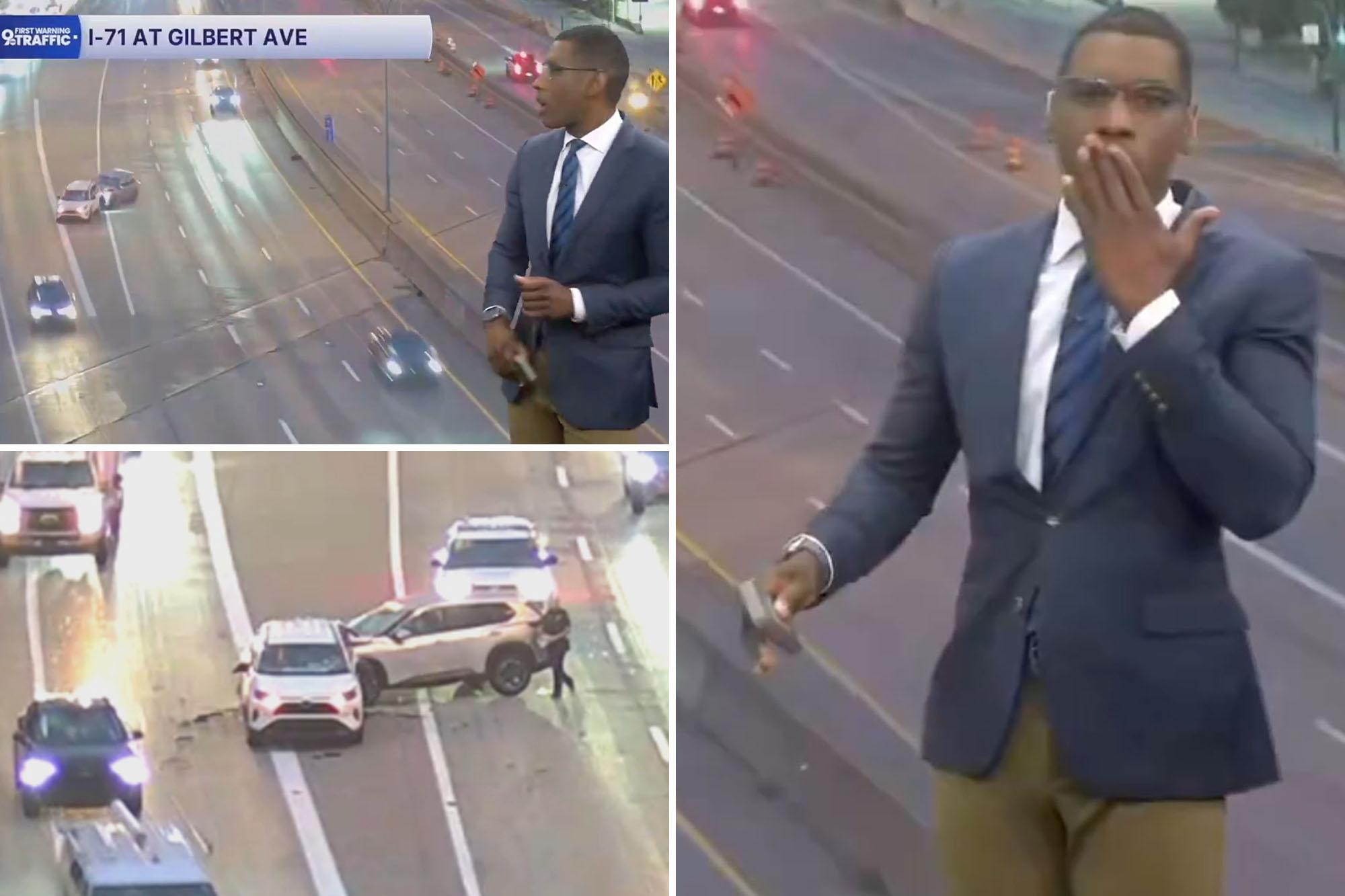 Startling moment TV traffic anchor witnesses car crash live on air: ‘Almost said something inappropriate’ 136736981