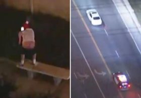 Excited bystander flashes his butt cheeks as hours-long police pursuit rolls through LA neighborhood