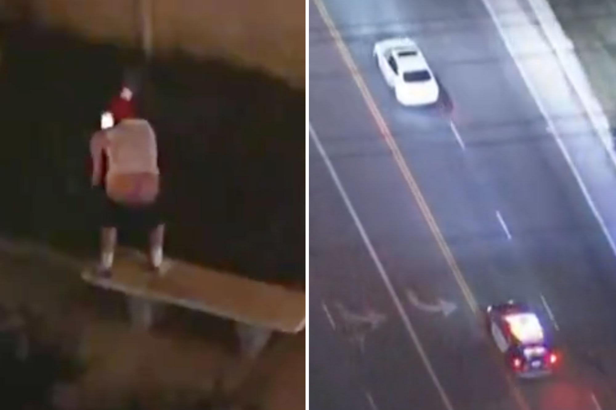 Excited bystander flashes his butt cheeks as hours-long police pursuit rolls through LA neighborhood 138675287