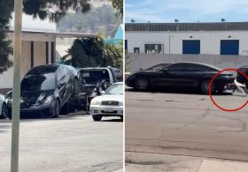 Wild moment LA Porsche owner speeds off in his car mid-tow, leaving bumper behind in frantic escape