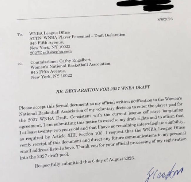 Former NBA Player Sends WNBA Formal Notice of His Decision to Enter 2027 WNBA Draft
