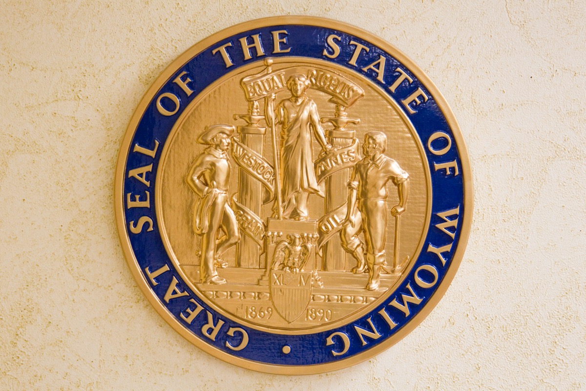 Setback for Wyoming Freedom Caucus in GOP Primaries Wyoming Great Seal on tan wall Capitol 082026 Getty 163851727