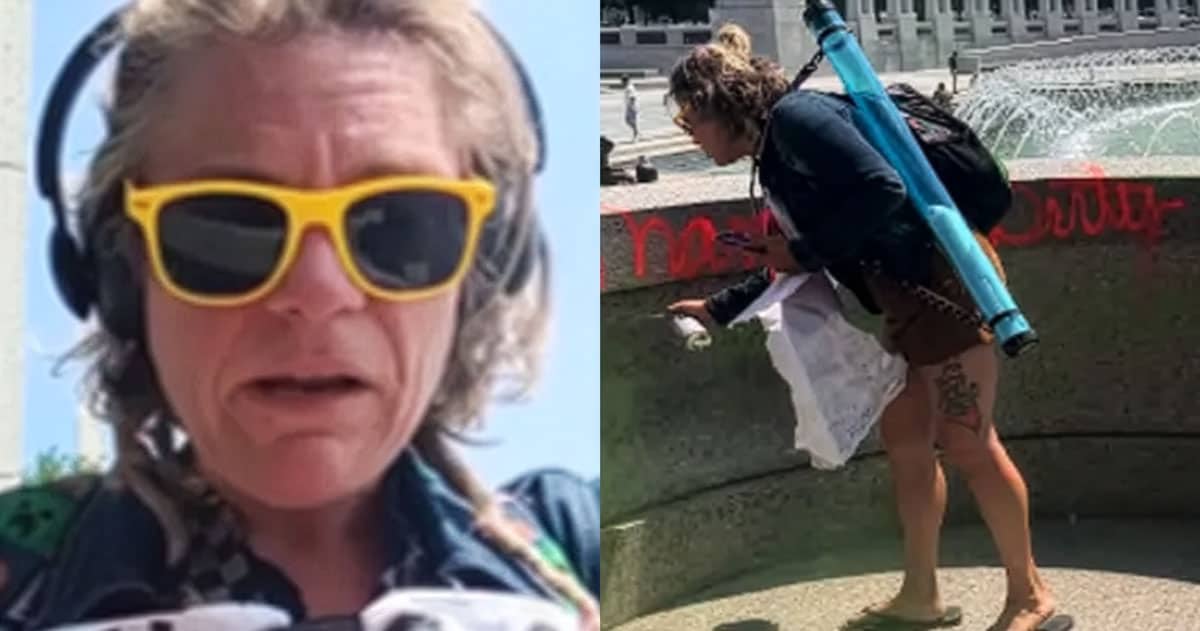 Woman Faces Federal Felonies after Admitting She Vandalized World War II Memorial to ‘Get the Nation’s Attention’ arris arrest ww2 memorial arrest 1