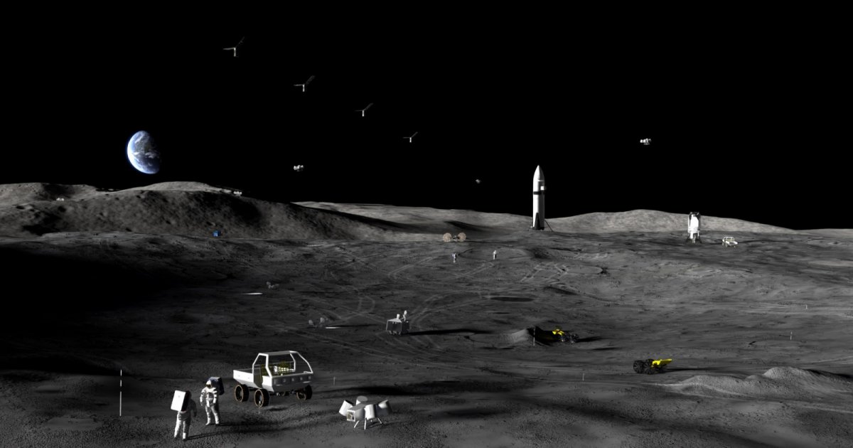 NASA Moon Base Plan: More Than 20 Lunar Missions Could Build the Way to a Permanent Base artists rendering moons south pole region glowing points light scattered across lunar