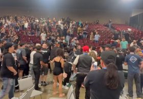 Moment mass brawl involving more than 100 people breaks out in California convention center