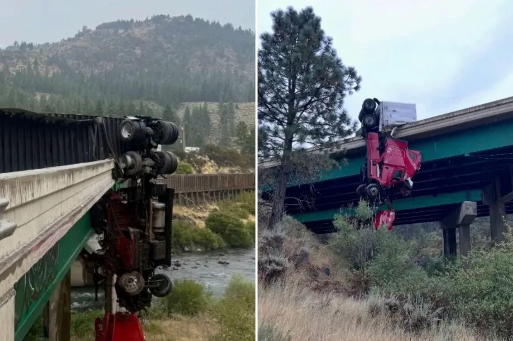 Big rig left dangling from California bridge as driver ejected from truck newspress collage jgd7tpzcy 1788018458727