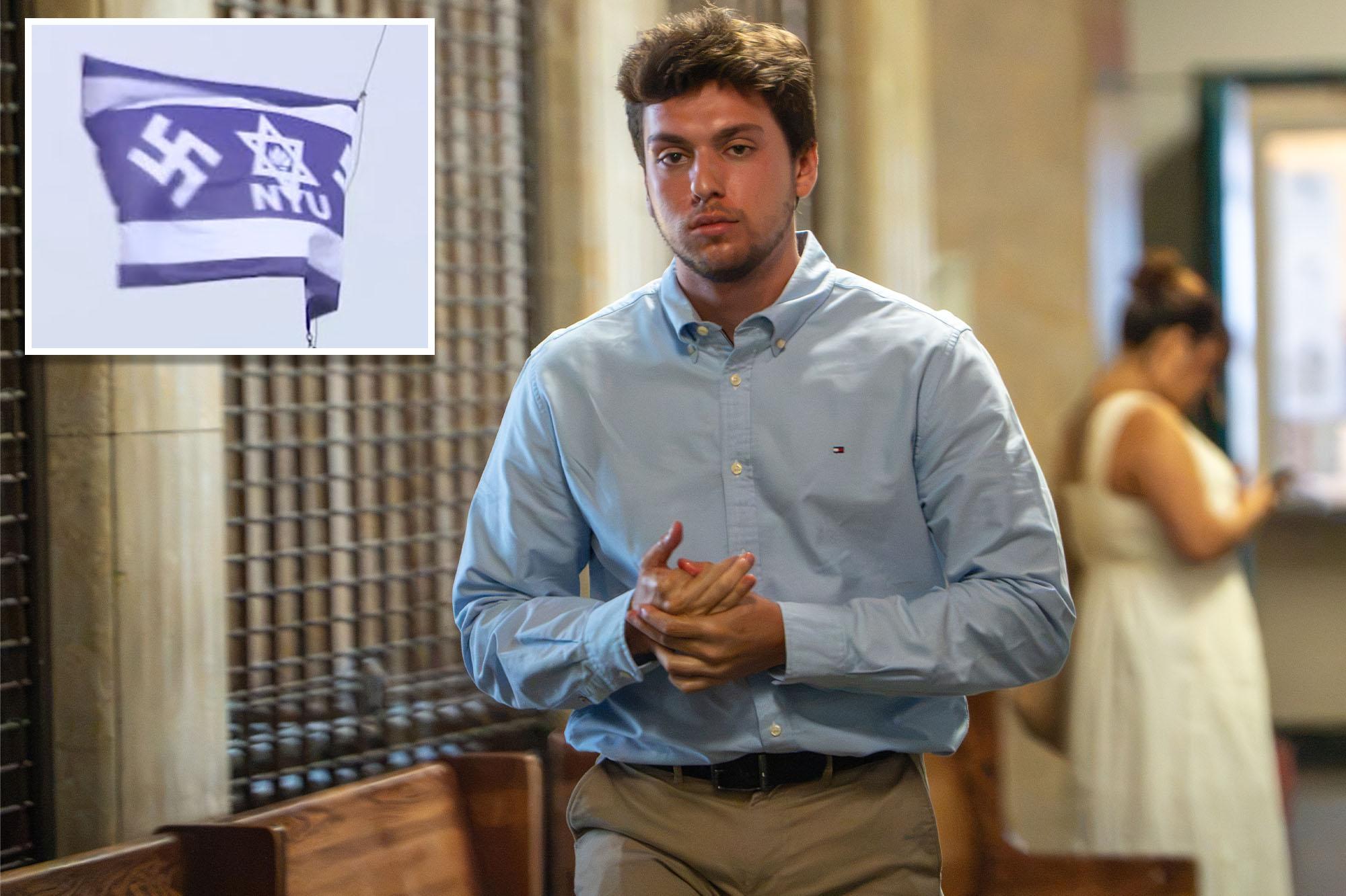 NYU student accused of raising swastika flag at campus site dedicated to Jewish donor shows face in Manhattan court nyu student nabbed bizarre nazi 136474649