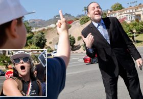 Mom encourages son to give Trump supporters the middle finger in volatile scenes ahead of president’s visit