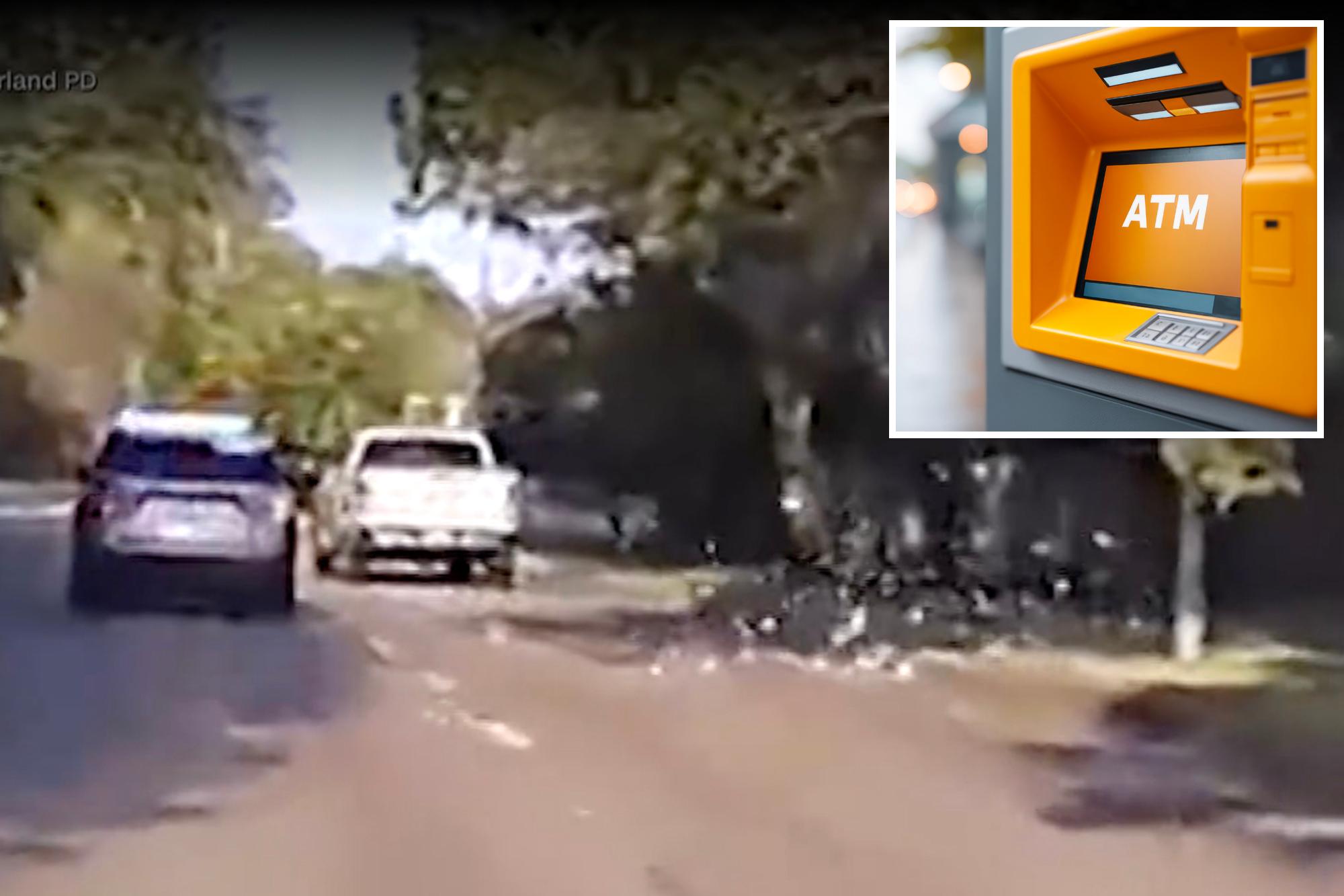 Bizarre moment accused ATM thief throws thousands of dollars in cash from car during police chase 142543618