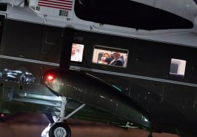 Trump drowned out by background noise in first remarks without press pool