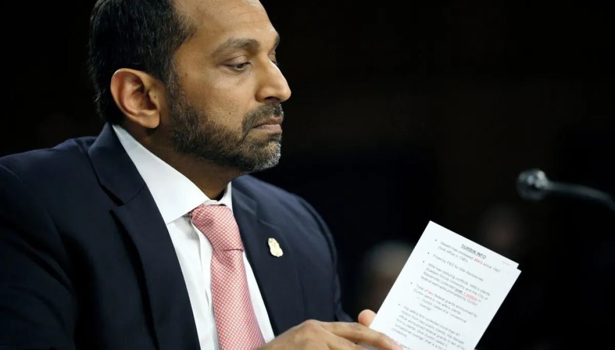 Pictured: Patel brings cheat sheet for sparring with Dick Durbin during FBI oversight hearing ZW0 RTRMADP 3 USA JUSTICE PATEL e1789496345240