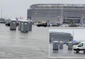Wind-propelled portable toilets make a run for it at MetLife Stadium