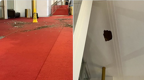 A clue? Falling chunk from ceiling of Kennedy Center foyer smashes red carpet kencentr