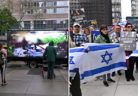 Protesters brave nor’easter outside premiere of anti-Israel documentary at NYC film festival