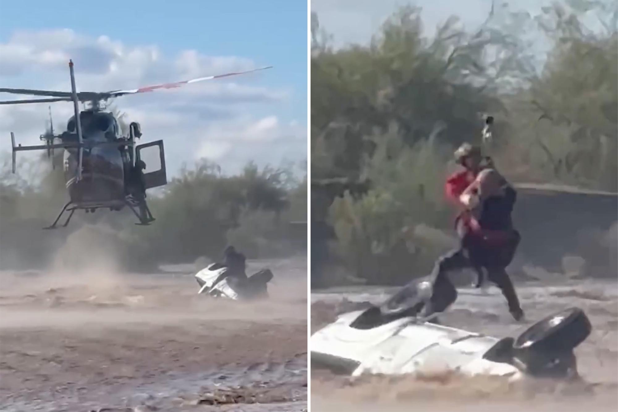 Arizona sheriff’s helicopter crew rescues man stranded atop overturned truck in rapidly rising floodwaters 143265420