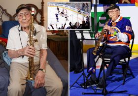 Beloved 105-year-old WWII vet returns to play national anthem at Islanders game