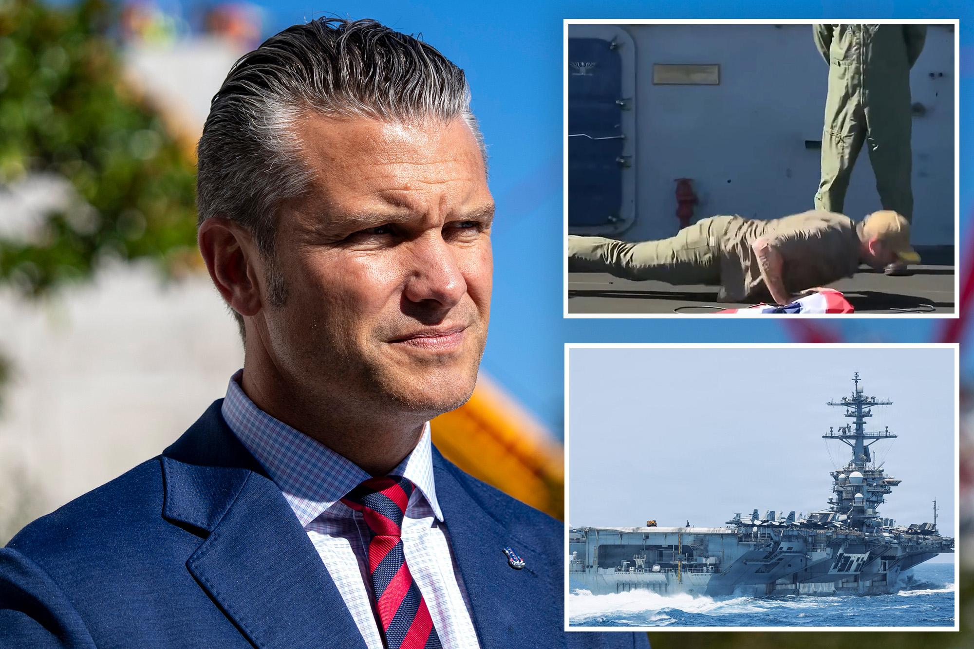 Hegseth does two pushups and gives hero’s welcome to USS Abraham Lincoln crew: ‘Changed the arc of history’ 144144358