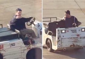 Wild moment unhinged man steals airport tow vehicle for joyride around tarmac at California airport — as maniac is unmasked