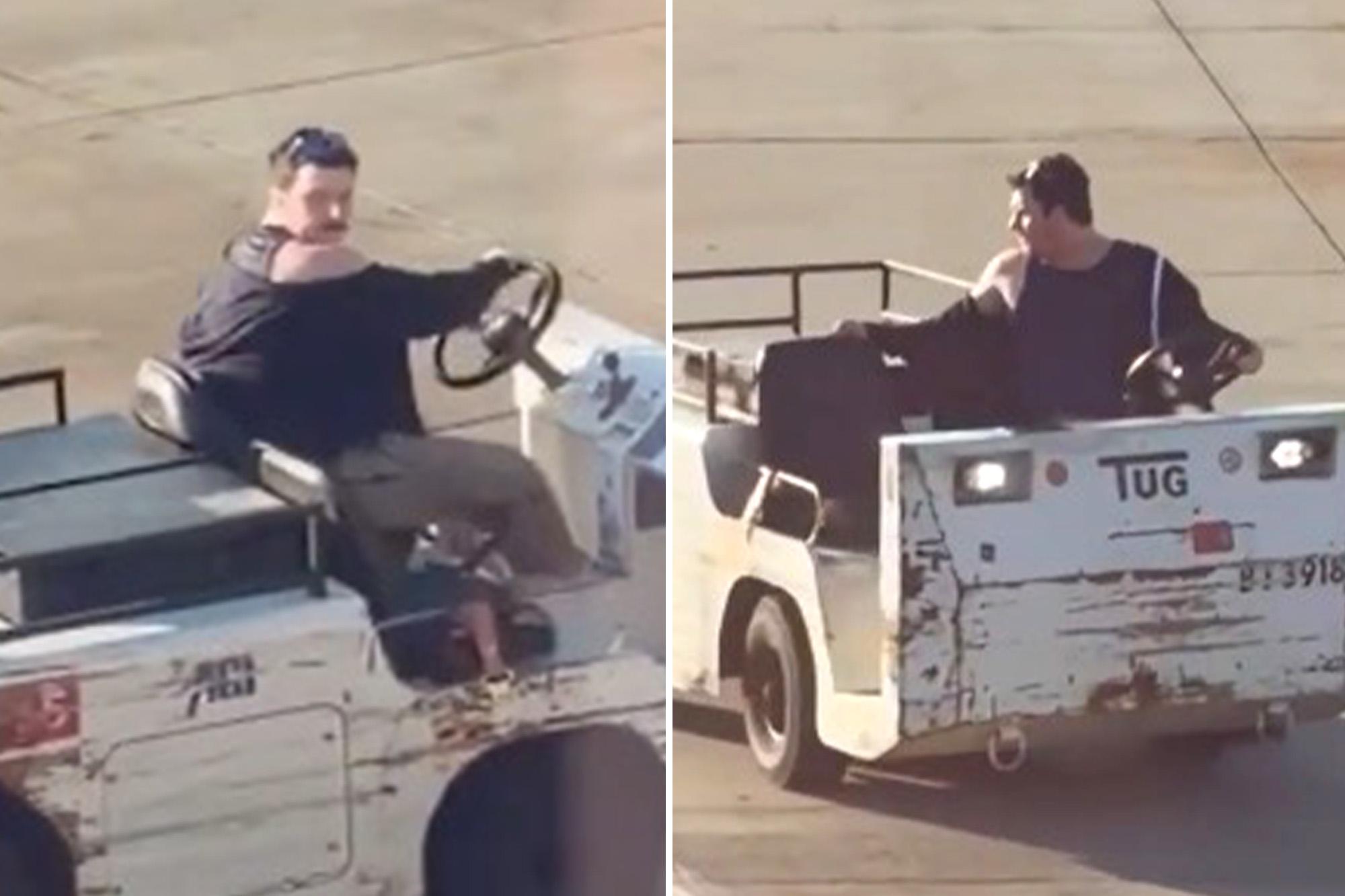 Wild moment unhinged man steals airport tow vehicle for joyride around tarmac at California airport — as maniac is unmasked 144277211