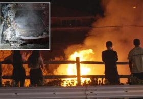 Harrowing moment luxury vehicle explodes on California freeway as driver narrowly escapes inferno