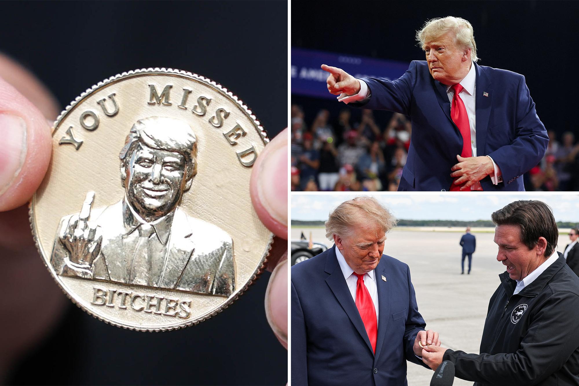 DeSantis gifts Trump coin showing him flipping off would-be assassins: ‘You missed bitches’  146248425