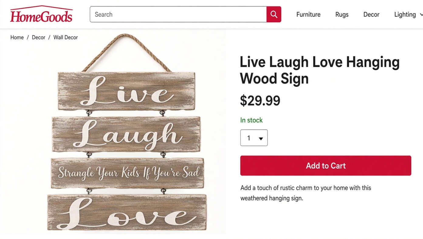 HomeGoods Now Selling Signs That Read 'Live, Laugh, Strangle Your Kids If You're Sad, Love' 6ac7db46b103d6ac7db46b103e