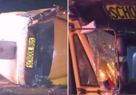 25 hurt when elderly driver of Ga. high school football bus loses control and flipps over