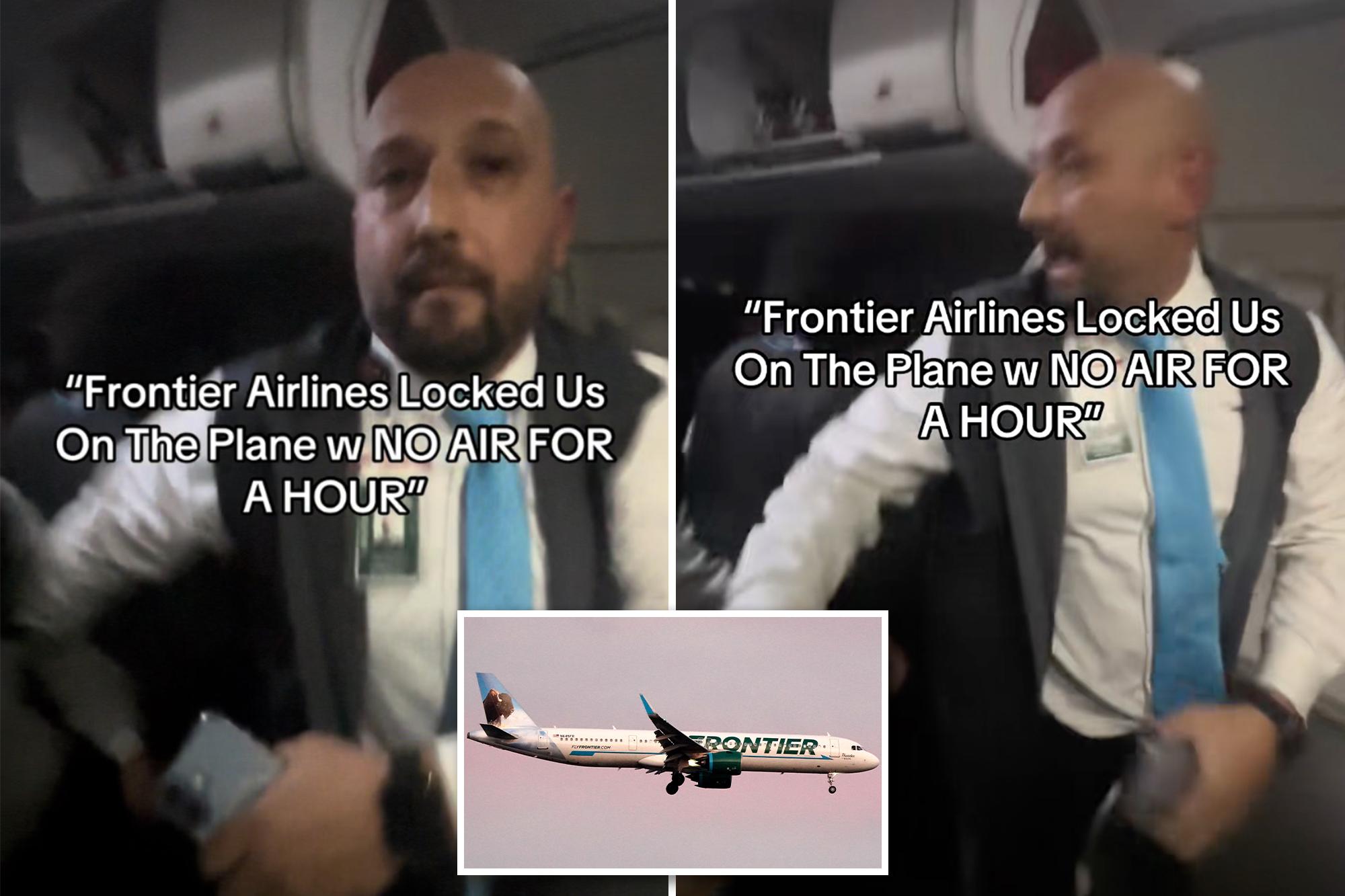 Frontier flight attendant pushes screaming passenger who appears to try to open exit door after flight is stranded at gate COMP AIRLINE