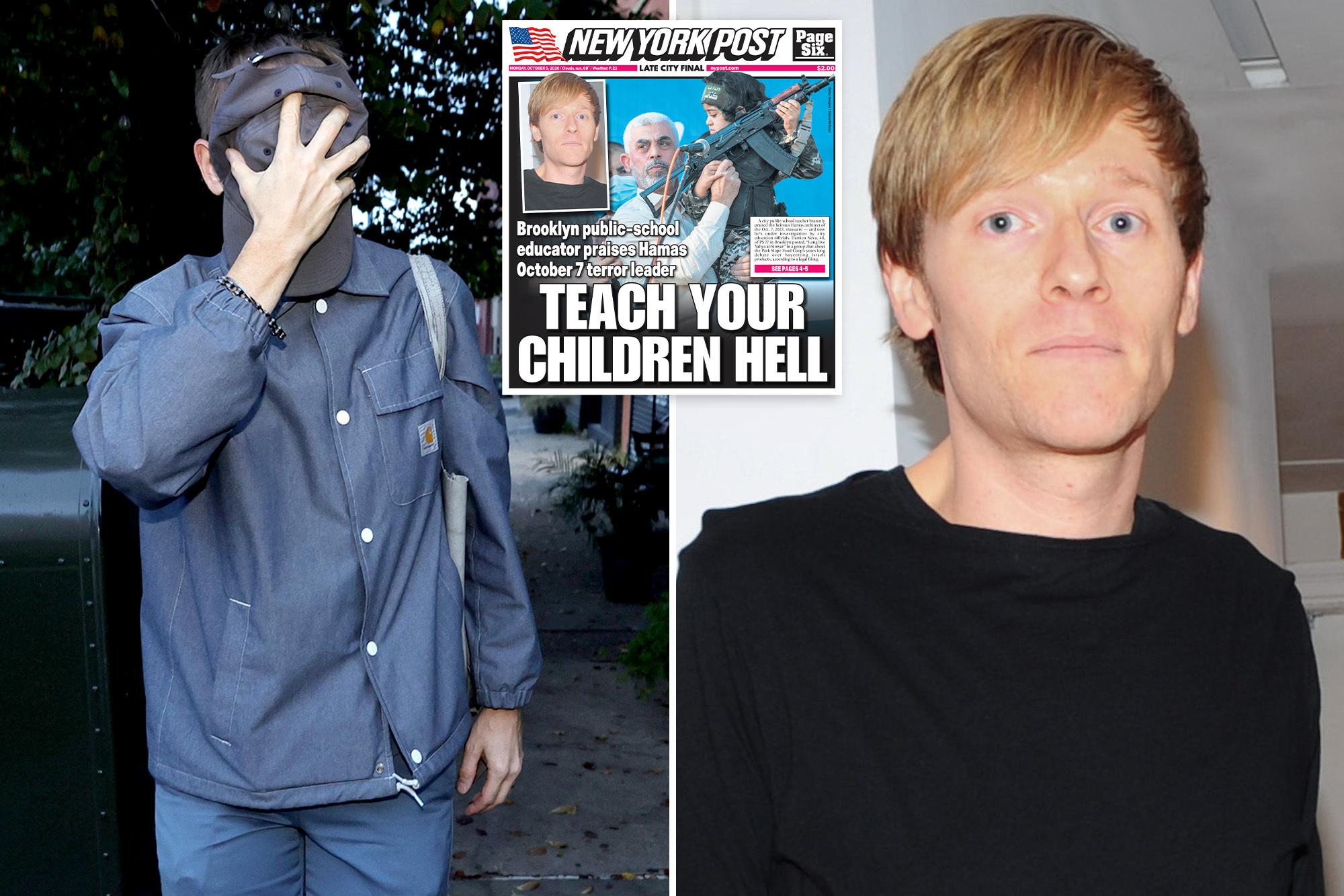 Hamas-loving NYC teacher cowardly covers his face as he returns to school — and furious parents want him fired COMP LCR46893