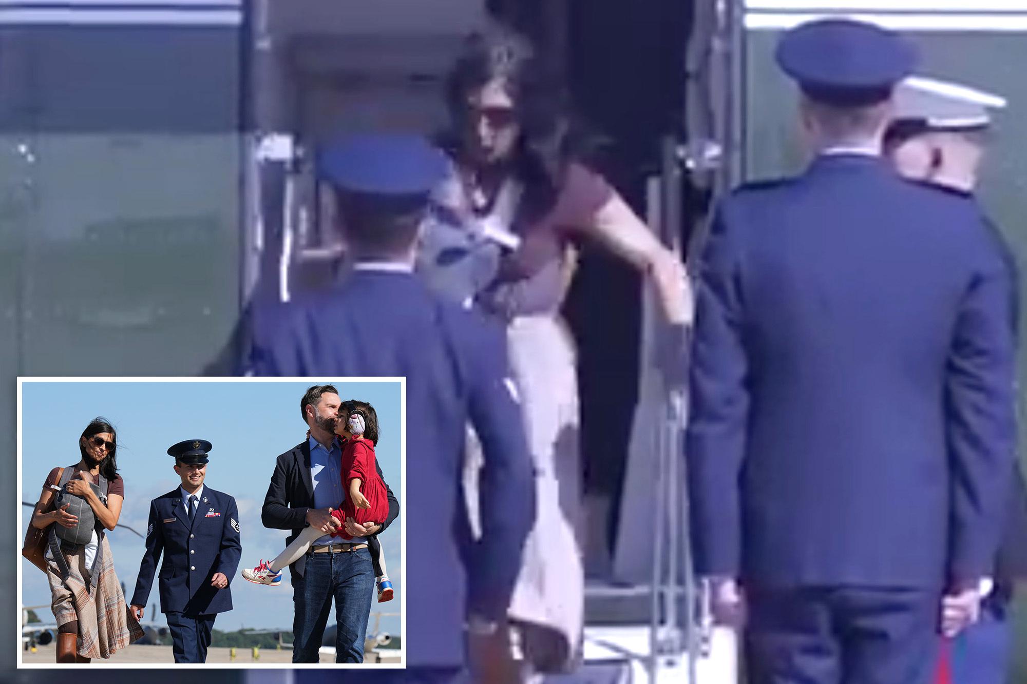 Usha Vance stumbles down vice presidential helicopter steps with infant son strapped to her chest: video COMP Screenshot 2026 10 05 at 43211 PM