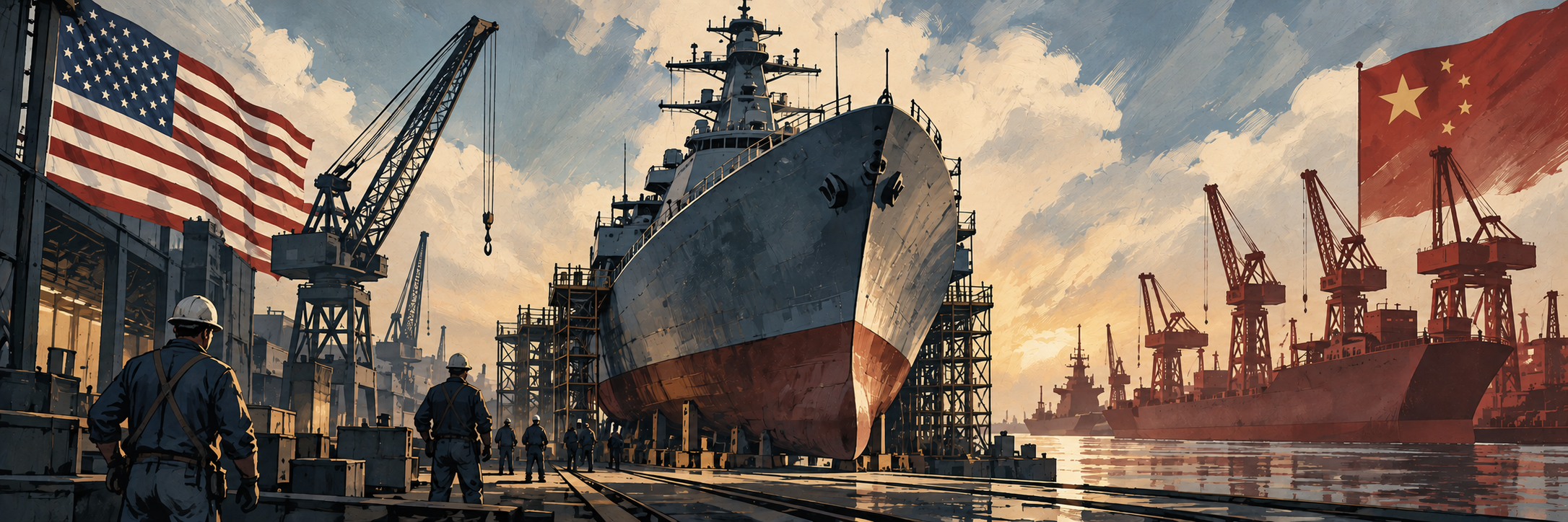 Freedom’s Forge for the 21st Century: America’s Maritime Revival Painterly Naval Shipyard at Sunrise