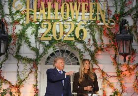 Melania Trump turns heads in luxe chocolate suede coat at White House Halloween bash