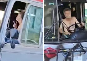 Unhinged moment shirtless man takes bus through California streets