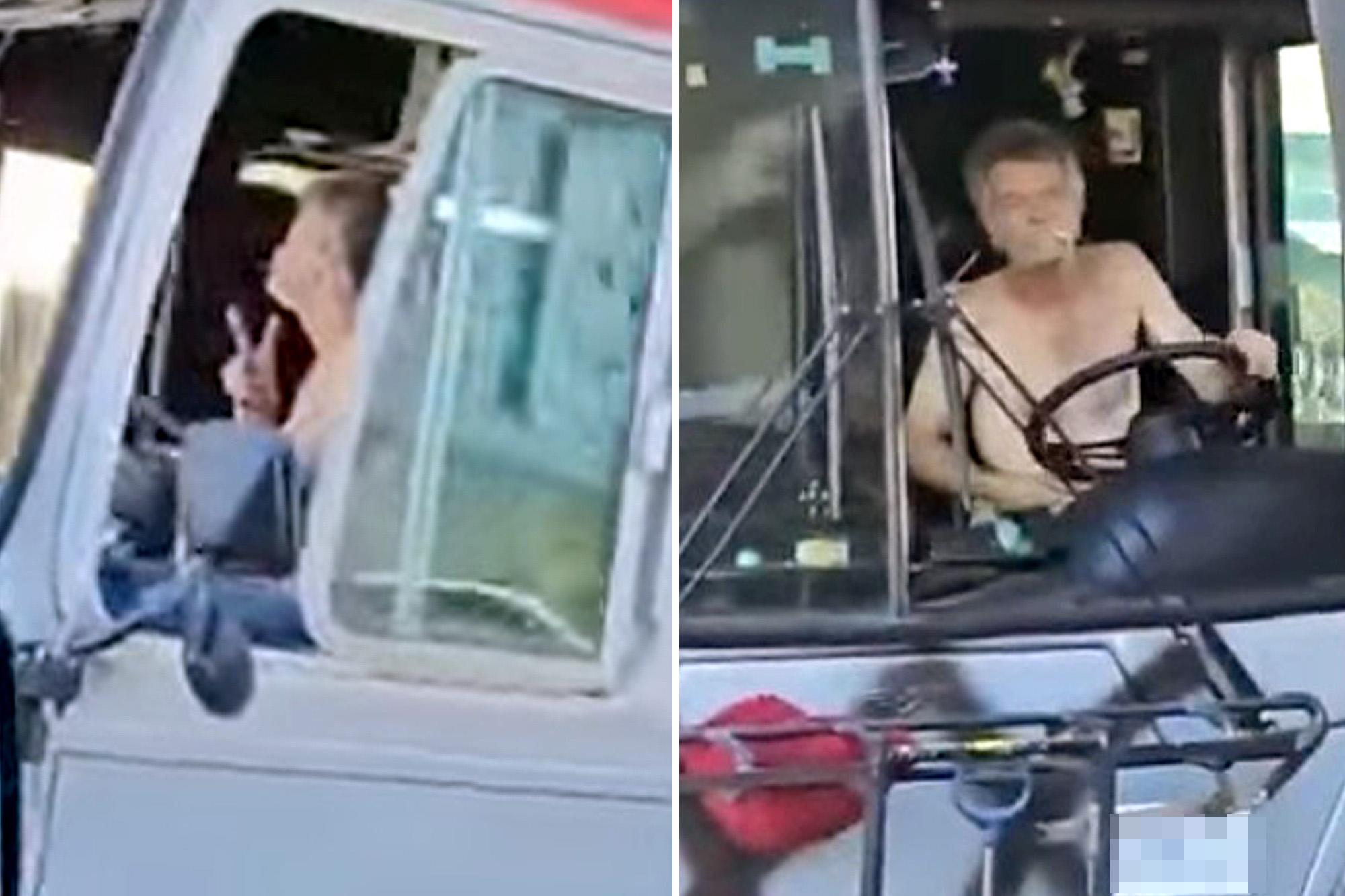 Unhinged moment shirtless man takes bus through California streets bus man