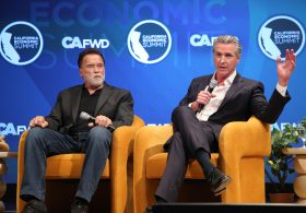 Gavin Newsom and Arnold Schwarzenegger congratulate each other for California’s hated environmental regulations