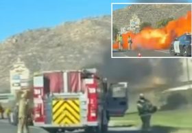 Harrowing moment California cops engulfed in flames after car explodes on freeway