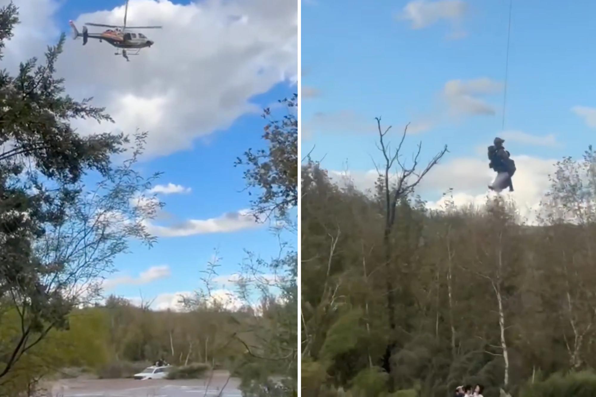 Terrified drivers trapped in flash flood saved in dramatic helicopter rescue helicopter rescues 4 people stranded 146240225