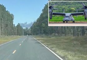 Military aircraft carrying four Marines bursts into flames, hard-lands in North Carolina…