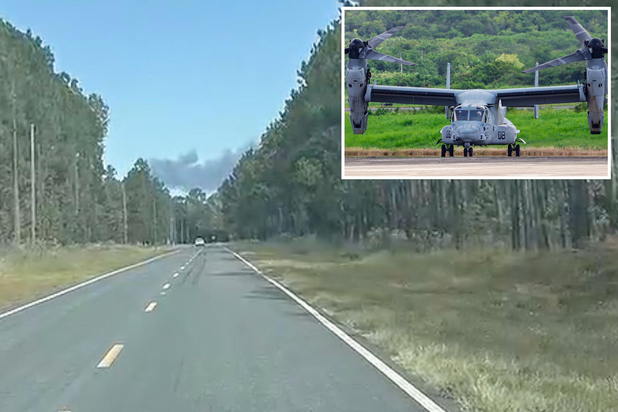 Military aircraft carrying four Marines bursts into flames, hard-lands in North Carolina: reports military plane crash comp