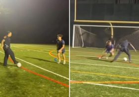 Viral video shows Long Island cop school kids in soccer while wearing full uniform