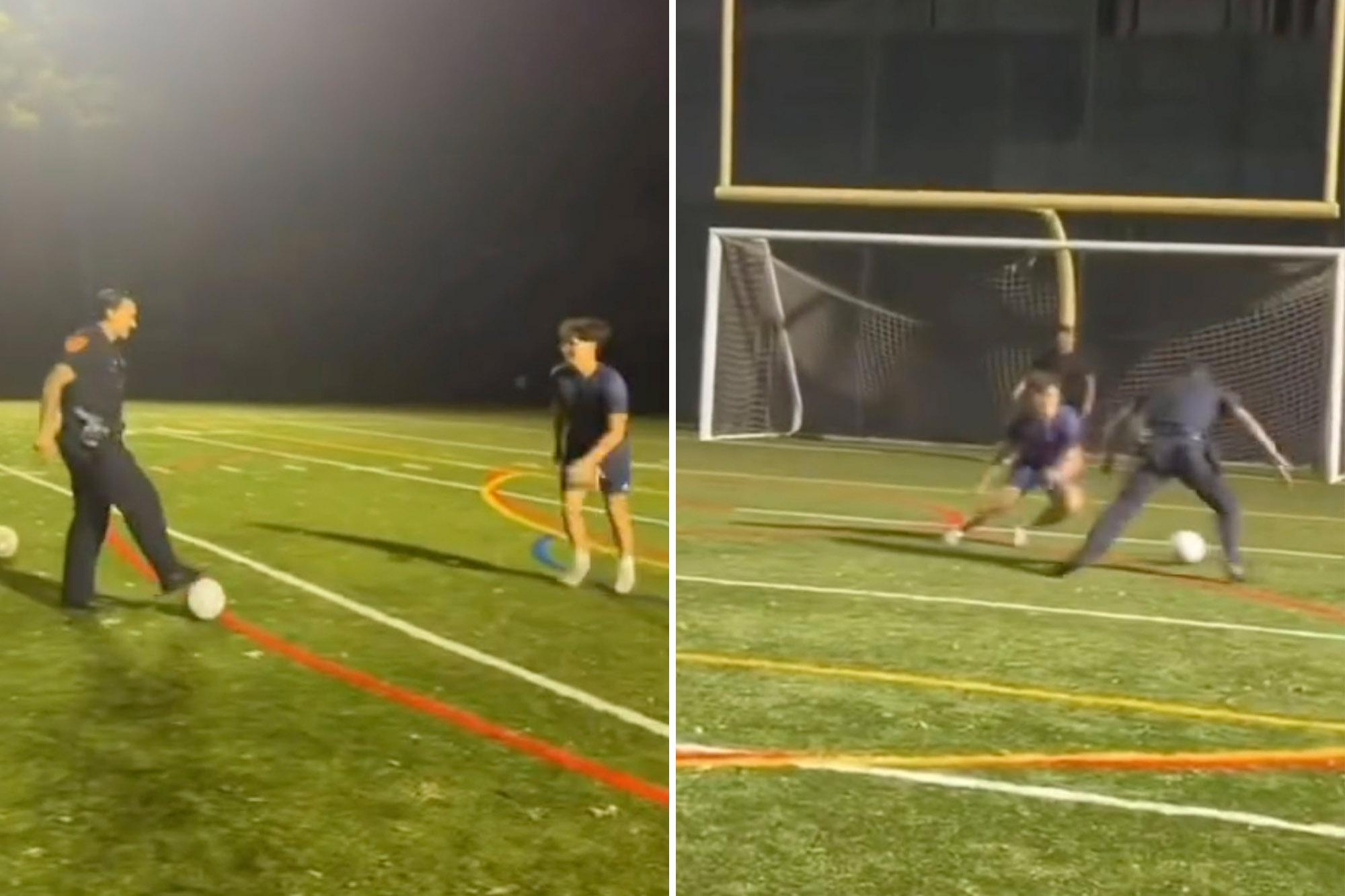Viral video shows Long Island cop school kids in soccer while wearing full uniform news comp 2