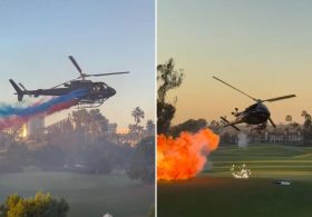 Wild moment swerving helicopter shoots flames and smoke over fancy SoCal country club