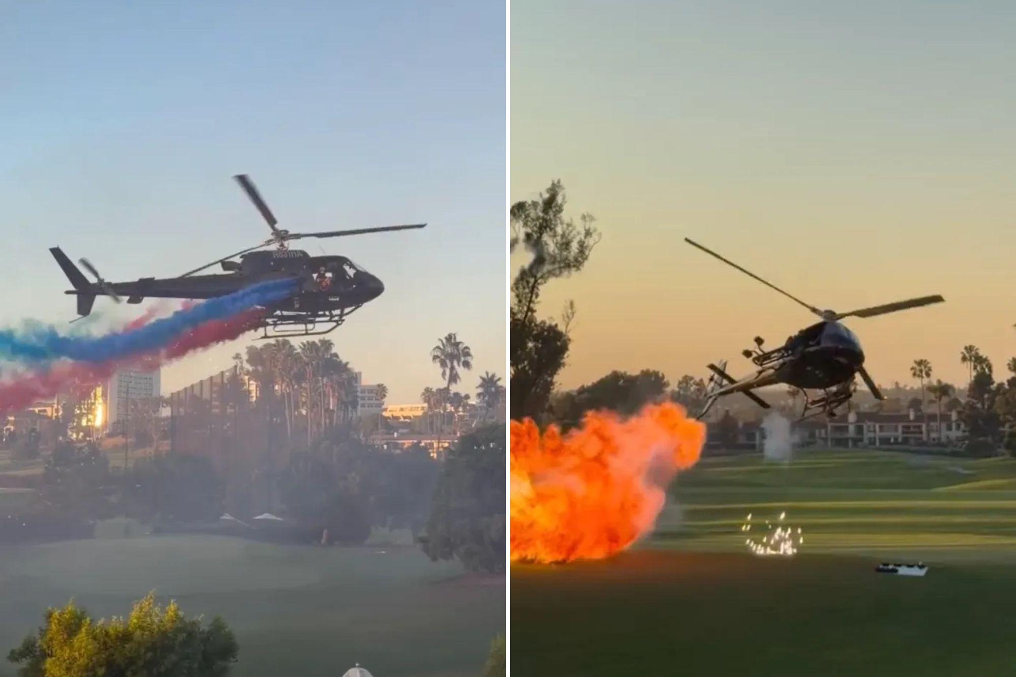 Wild moment swerving helicopter shoots flames and smoke over fancy SoCal country club newspress collage 8zgka7n1k 1791569021786