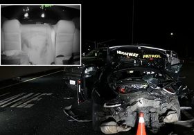 Outrageous moment sleeping Tesla driver gets rude awakening as he crashes into California patrol car