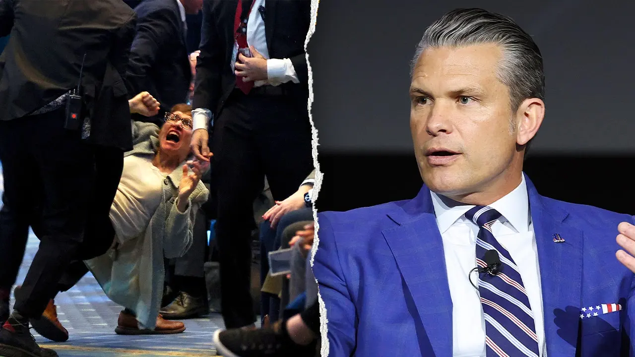Foul-mouthed anti-war protesters repeatedly derail Hegseth's remarks at Army event in DC protester hegseth split
