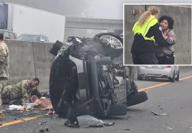 Drunk mom tries to stab her 2 daughters after wildly crashing car on highway — but Good Samaritans stop her: cops