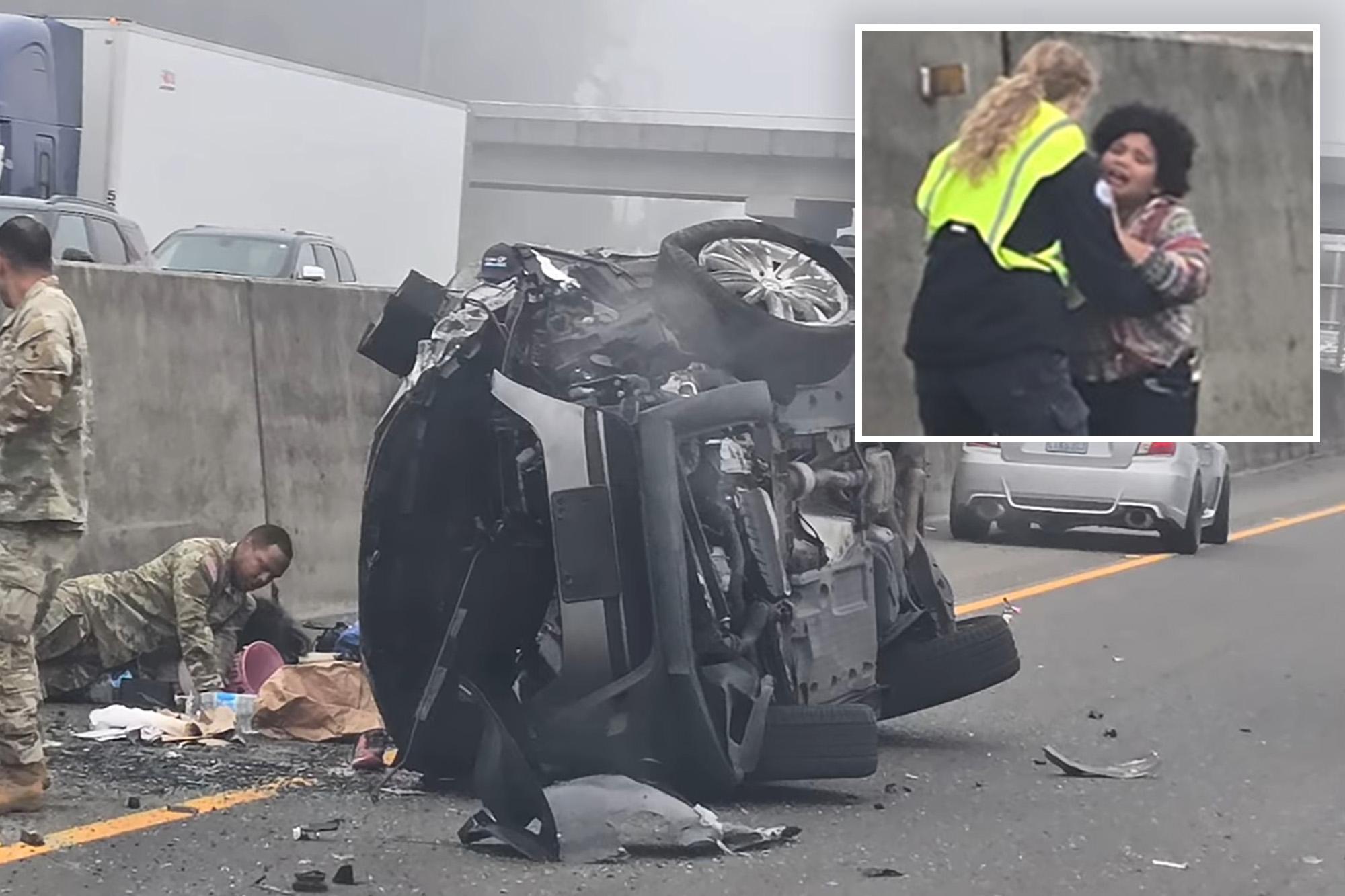 Drunk mom tries to stab her 2 daughters after wildly crashing car on highway — but Good Samaritans stop her: cops told king5 woman driving erratically 144145471